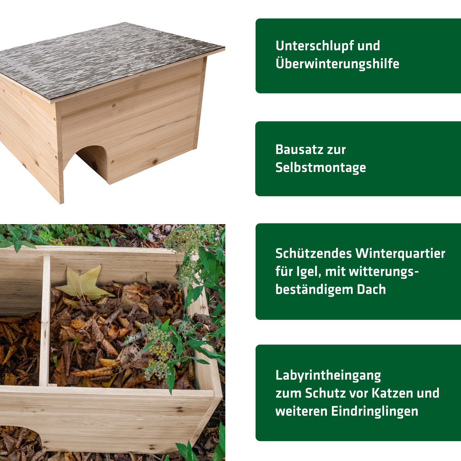 Das Igelhaus von GARDIGO hat einen Labyrintheingang zum Schutz vor Katzen.