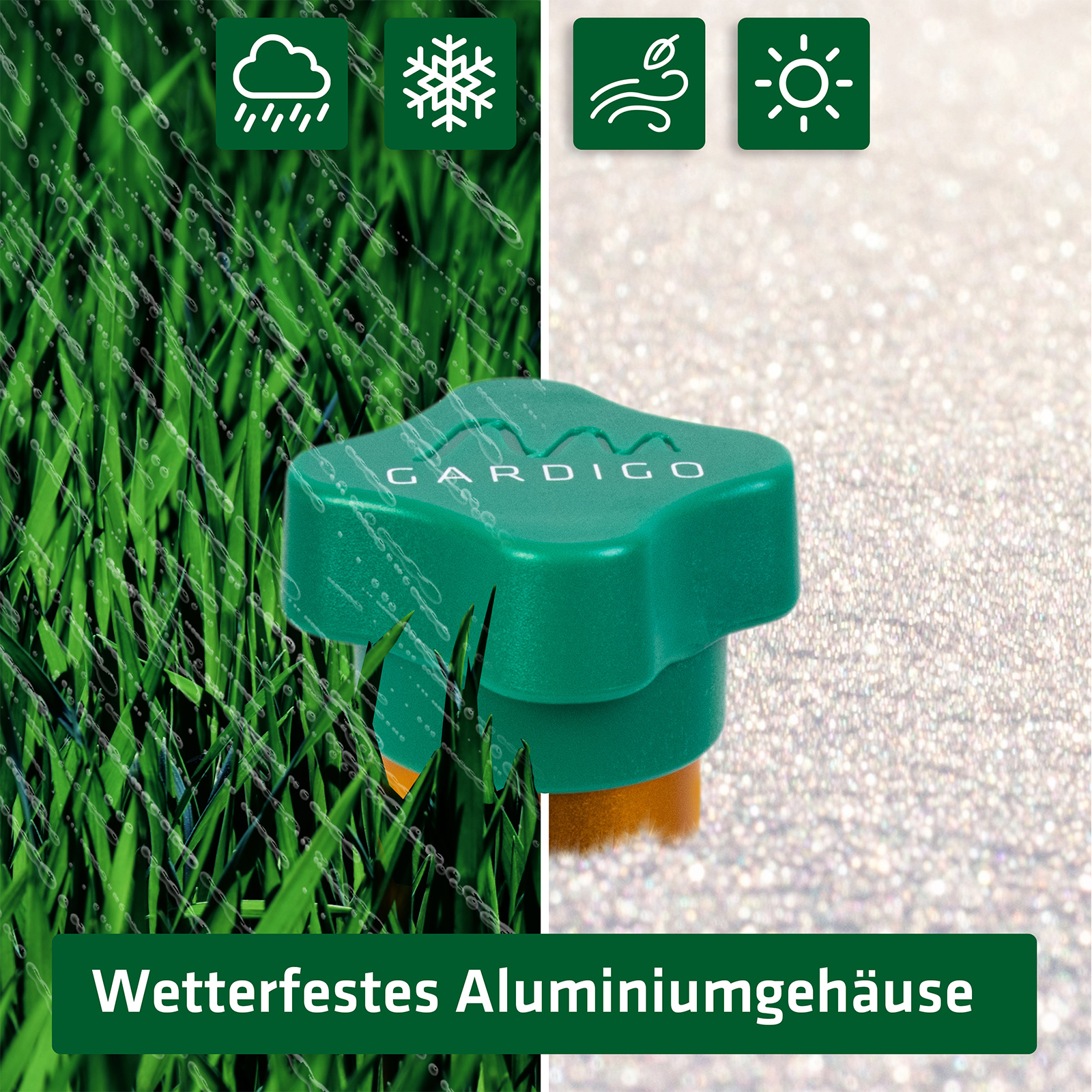 Der Maulwurfschreck hat ein wetterfestes Gehäuse mit robustem Aluminiumstab.