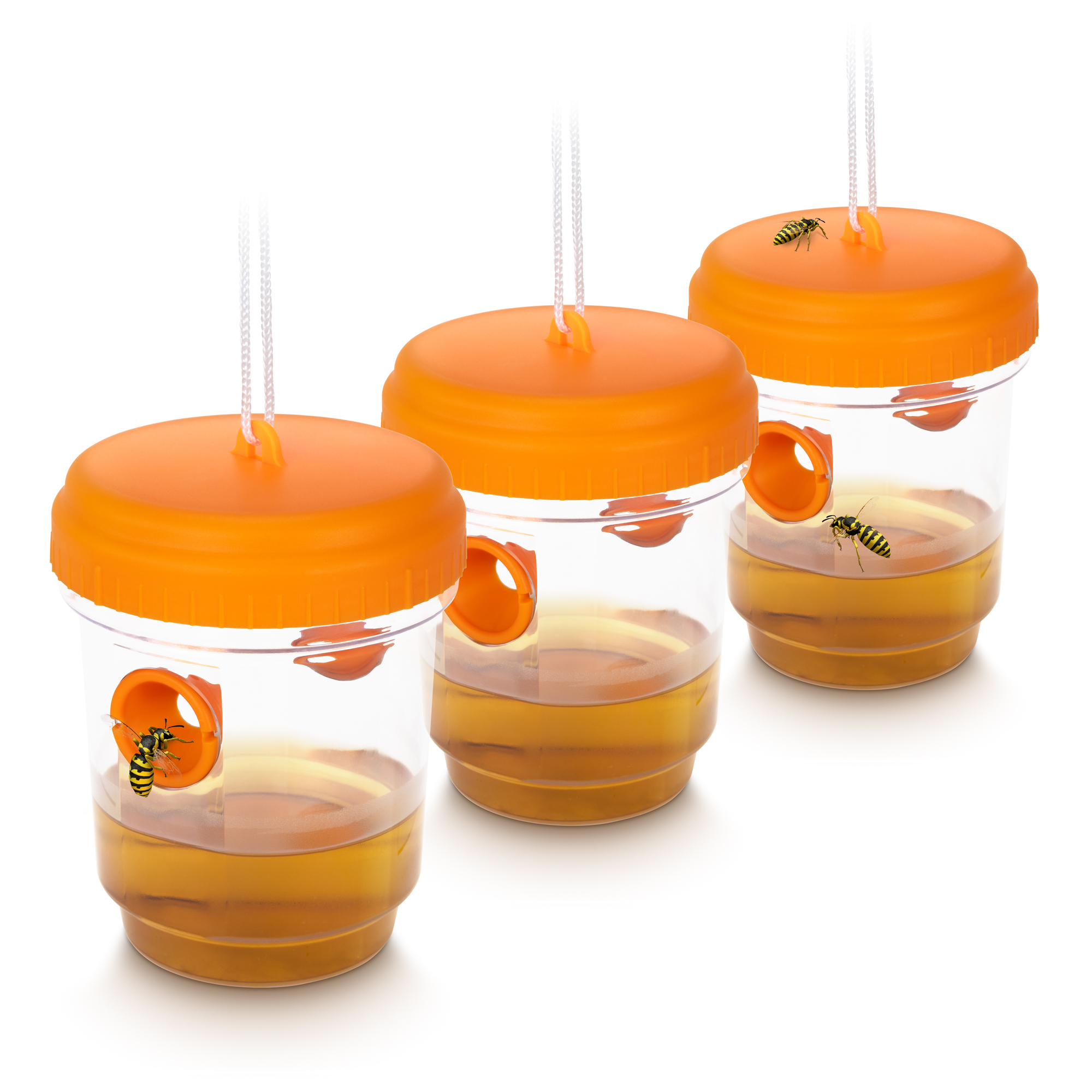 Drei Wespenfallen von GARDIGO mit orangenem Deckel, transparentem Behälter und konischen Einfluglöchern