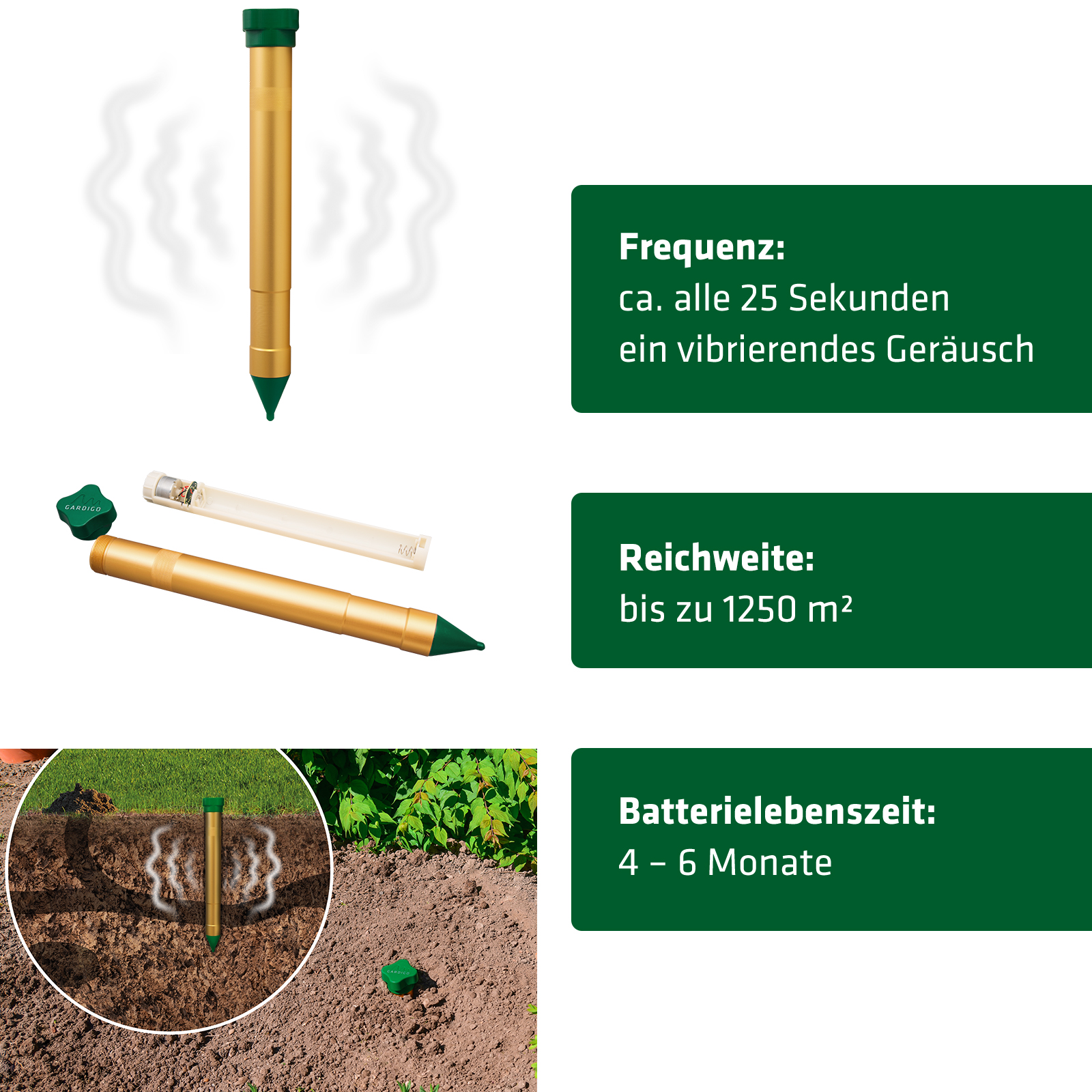 Der Maulwurfschreck mit Vibration und großer Reichweite.